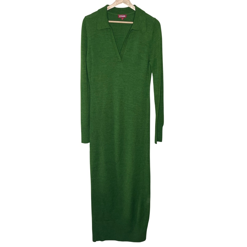 STAUD Womens Green Long Sleeve Polo V-Neck Knit Maxi Dress Large Slit Slit